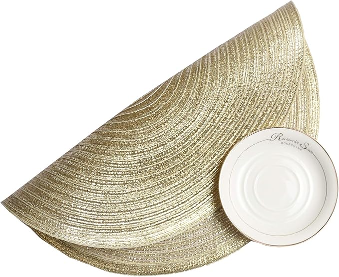 SHACOS Gold Glitter Round Placemats Set of 6 Bling Circle Place Mats Washable Table Mats for Christmas Holiday Party Wedding Shower Table Decor (6, Gold)