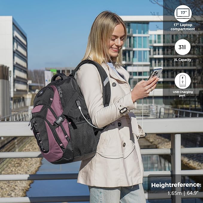 Swissdigital Design Laptop Backpack with USB Charging Port, Travel Backpack Fits 15.6 inches Computer, 31L College School Backpack for Women, Light Purple/Black | SD803