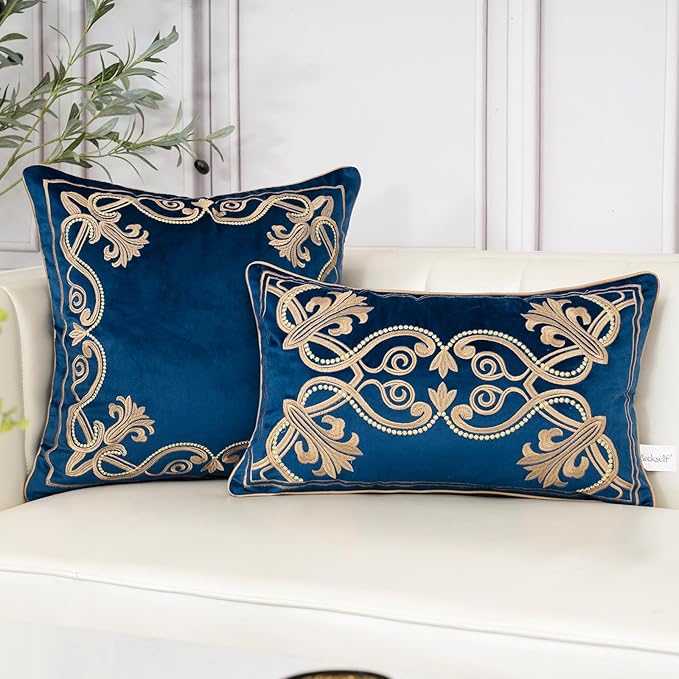 Aeckself European Floral Pillow Cover 20x20 Inch, Luxury Velvet Embroidered Decorative Throw Pillow Cover for Couch Bedroom Living Room, Navy Blue and Gold, Yw-OBYG-Blue5050