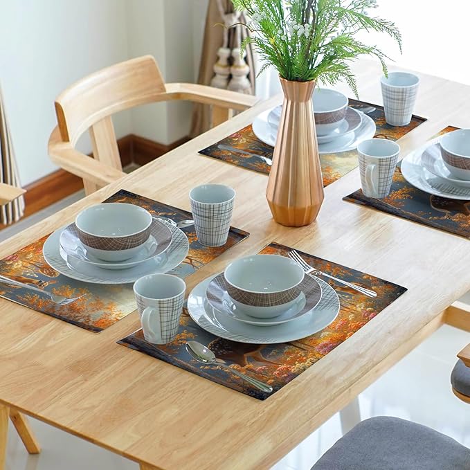 Giwawa Fall Deer Placemats Set of 4, 12"x18" Autumn Forest Trees Moose Linen Place Mat, Woodland Wildlife Washable Non-Slip Table Mats for Kitchen Dining Party Picnic Indoor Outdoor Decor