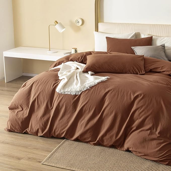 JIYUAN 100% Washed Cotton Duvet Cover Set 3 Pieces Cal King, 1 Duvet Cover 104x98 Inches(Comforter Not Included) and 2 Pillowcases,Linen Feel Bedding Set Comfy and Breathable,Burnt Orange