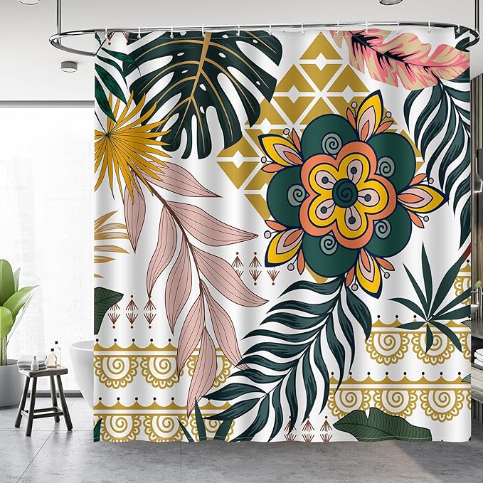 Aimego Boho Abstract Shower Curtains - Mid Century Modern Floral Bohemian Minimalist Flowers Tropical Botanical Bath Shower Curtain Set with 12 Hooks for Adults Bathroom Decor Accessories, 72"x72"