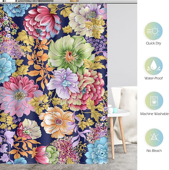 Aimego Long Floral Shower Curtain - Boho Spring Colorful Bright Blossom Bohemian Flowers Fabric Cloth Bath Shower Curtain Set with 12 Hooks Bathroom Decor Bathtub Curtain, 72"x78"