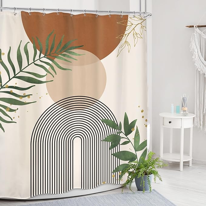 Brown Boho Mid Century Shower Curtain 60Wx72H Abstract Gold Leaves Plant Modern Sun Minimalist Geometric Arch Art Line Bathroom Decor Neutral Bath Curtain Fabric Polyester 12 Pack Hooks