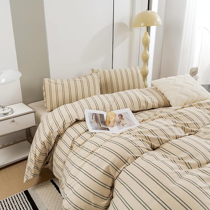 ECOCOTT Duvet Cover Set, 100% Washed Cotton Linen-Like Textured Soft & Breathable, Durable Comfy Bedding Set for All Seasons (Dark Green Stripe, Oversized King)