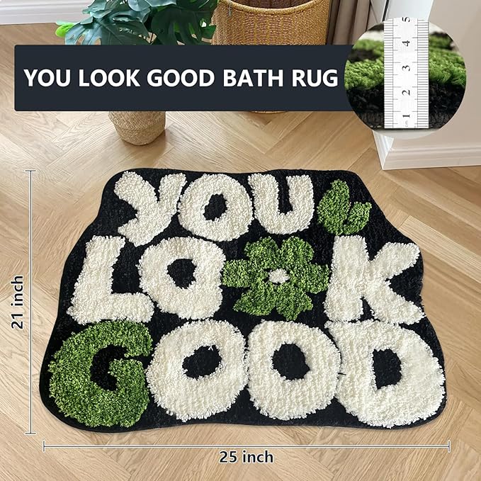 You Look Good Bath Rug, Fun Bathroom Rug,Black Bathroom Rugs Cool Rugs for Bedroom Non Slip Microfiber Plush Cool Mat for Bedroom Washable Absorbent for Bathtub 21"x25"