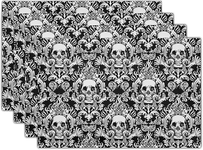 Giwawa Gothic Skull Placemats, Halloween Skeleton Decorative Linen Place Mat, Spooky Day of The Dead Table Mats for Kitchen Dining, Heat Resistant Non Slip, Set of 4, 12"x18"