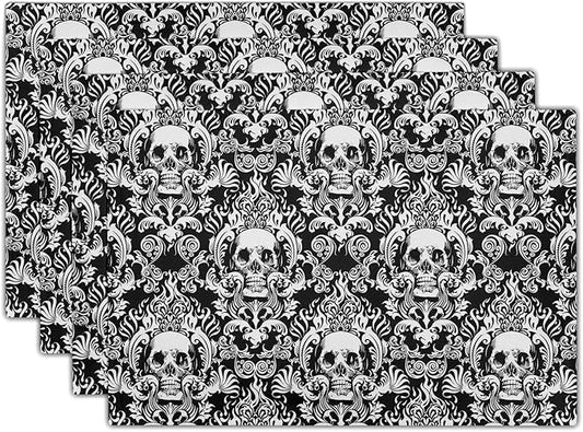 Giwawa Gothic Skull Placemats, Halloween Skeleton Decorative Linen Place Mat, Spooky Day of The Dead Table Mats for Kitchen Dining, Heat Resistant Non Slip, Set of 4, 12"x18"