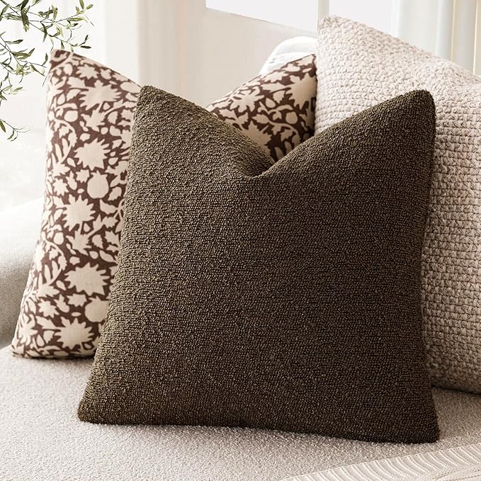 Foindtower Set of 2, Decorative Textured Boucle Throw Pillow Covers Accent Solid Pillow Cases Neutral Soft Couch Cushion Case for Chair Sofa Bedroom Living Room Home Decor 16x16 Inch Chocolate