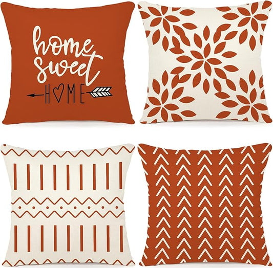 YCOLL Fall Pillow Covers 16x16 Set of 4, Modern Sofa Throw Pillow Cover for Fall Decor, Decorative Outdoor Linen Fabric Pillow Case for Couch Bed Car, Burnt Orange