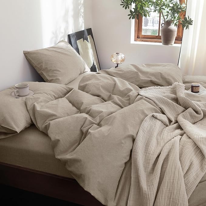 FOSSA Duvet Cover Set 100% Washed Cotton Linen Feel Super Soft Breathable Cozy 3 Pieces Bedding Sets Solid Tannish Linen Grey Super King