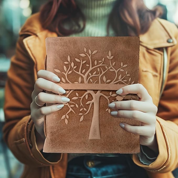 LEATHER VILLAGE Tree of Life Journal - 8 X 6 (A5) inches - Brown - 200 Antique Deckle Edge Handmade Paper – Book of Shadows - Vintage Leather Bound Journal for Women & Men