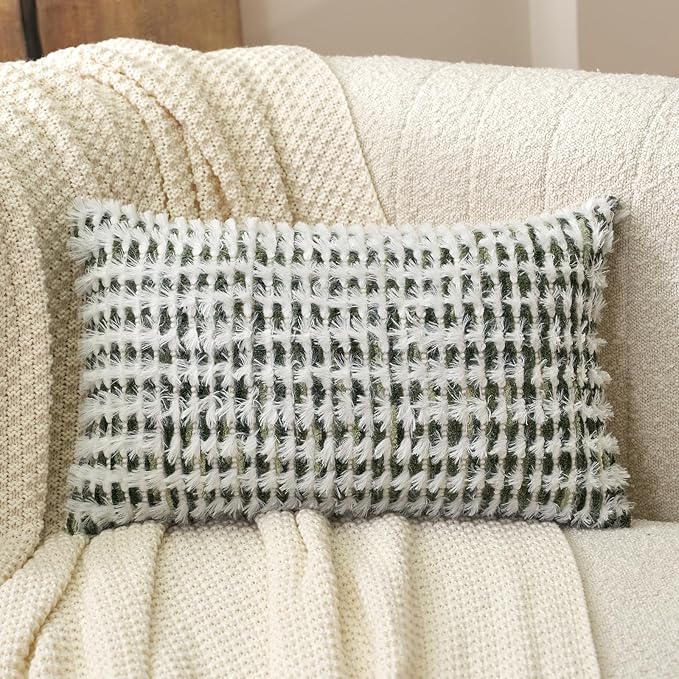 Aeckself Boho Chenille Tufted Pillow Cover 12 x 20 Inch, Rectangle Decorative Lumbar Throw Pillow Cover Neutral Pillowcase for Couch Bedroom Living Room, Green White