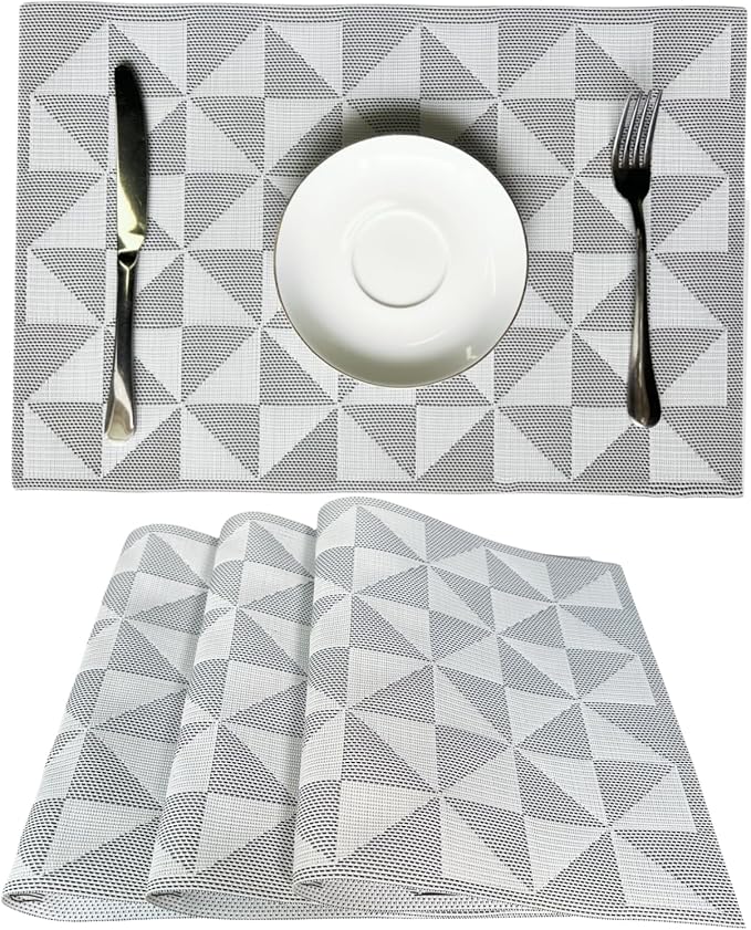 Placemat,Blending Color Durable Woven Vinyl Placemat Washable Heat-Resistant Anti-Skid Kitchen Dining Table Mats (Set of 4, White Black)