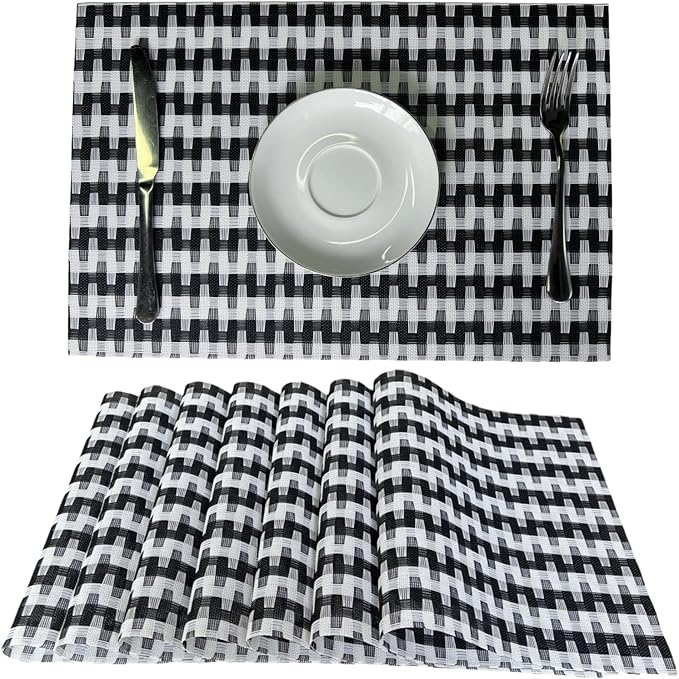 Placemat,Blending Color Durable Woven Vinyl Placemat Washable Heat-Resistant Anti-Skid Kitchen Dining Table Mats Set of 8, Black White