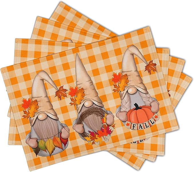 Giwawa Fall Gnome Placemats Set of 4- Autumn Thanksgiving Pumpkins Maple Leaves Table Mats 12"x18"- Orange White Checkered Plaids Linen Heat Resistant Place Mat for Kitchen Dining Farmhouse Decor