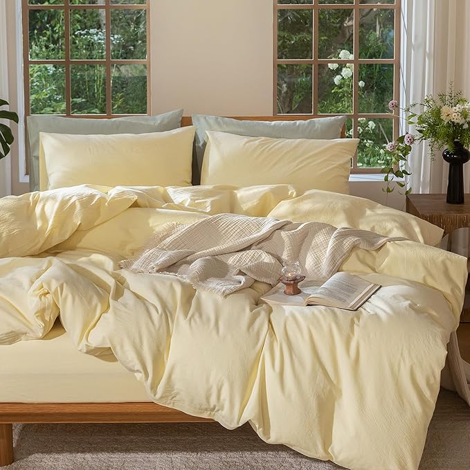 MooMee Bedding Duvet Cover Set 100% Washed Cotton Linen Like Textured Breathable Durable Soft Comfy (Heathered Butter Yellow, King 104"x90")
