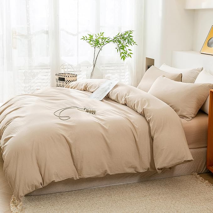 ECOCOTT Beige Duvet Cover Oversized King Size - 100% Washed Cotton Durable Soft Comfy Duvet Cover Set, 3 Pieces Duvet Cover with Zipper Closure (Khaki, 120"x 98")