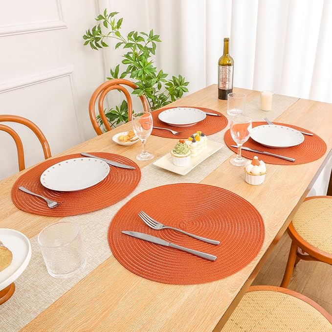 SHACOS Round Placemats Set of 6 Polyester 15 inch Round Braided Place Mats Washable Non Slip Kitchen Dining Table Mats Autumn Fall Placemats Decor, Bright Orange