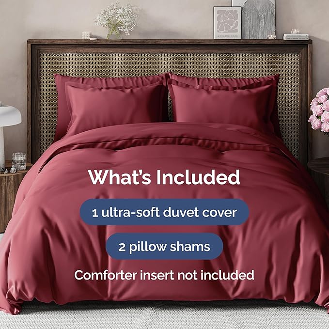 Duvet Cover Full Size Set - Extra Soft Full Size Duvet Cover 80 x 90 with 2 Pillow Shams - Hotel Luxury Easy Care and Fade Free with Zipper Closures & Ties - Comfy Breathable Bedding Set (Burgundy)