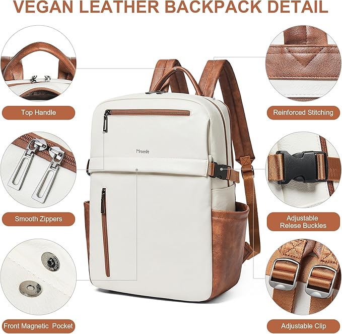 Leather Laptop Backpack for Women, 15.6 Inch Laptop Travel Backpack Purse Large Capacity Computer Bag, Casual Daypack Nurse Bag College Bookbag for School, Beige