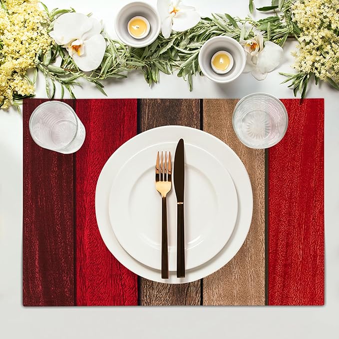 Giwawa Rustic Wood Placemats Set of 4- Retro Red Brown Wooden Board Linen Place Mat 12x18 Inch- Farmhouse Country Style Washable Heat Resistant Table Mats for Kitchen Dining Cabin Decor