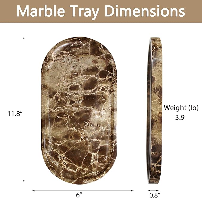 100% Real Natural Marble Tray for Bathroom, Luxury Dark Brown Stone Vanity Tray, Decorative Oval Trays for Countertop Storage, Organizer, Vanity, Dresser, Kitchen, Home Decor, 11.8" x 6", Brown