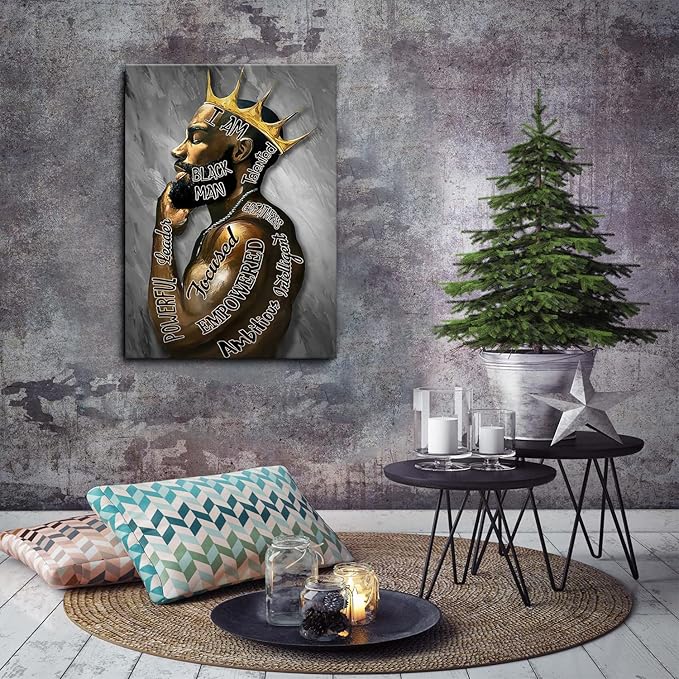 Framed Inspirational Black Man Wall Art African American Men Portrait Wall Art Motivational Quotes Afro King Poster Abstract Canvas Prints Painting Home Decor for Bedroom Living Room Ready to Hang