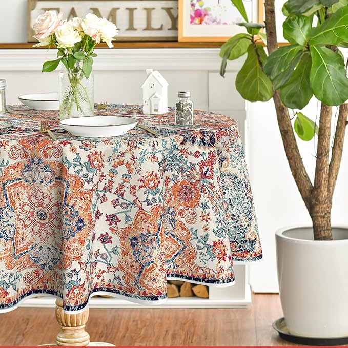 Horaldaily Boho Bohemia Style Tablecloth 60x60 Inch Round, Vintage Country Rustic Farmhouse Magical Fall Orange Washable Seasonal Table Cover for Party Picnic Dinner Decor