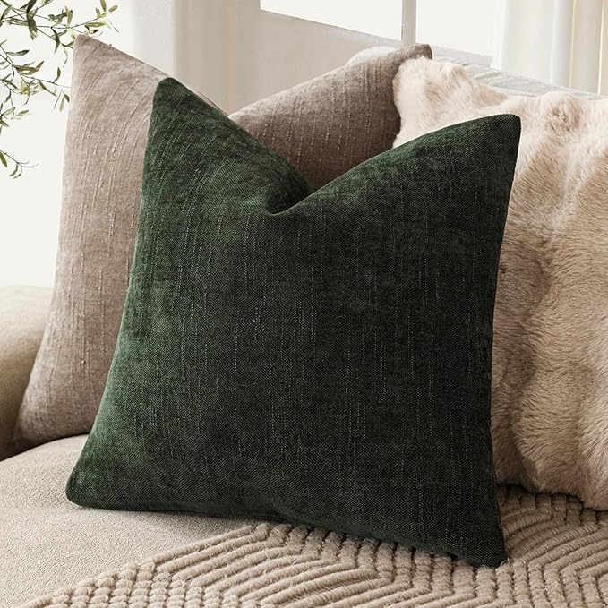 Foindtower Pack of 2 Soft Textured Chenille Throw Decorative Pillow Covers Square Accent Solid Cushion Cover Neutral Farmhouse Pillow Case for Couch Sofa Bedroom Living Room 18x18 Inch,Dark Green