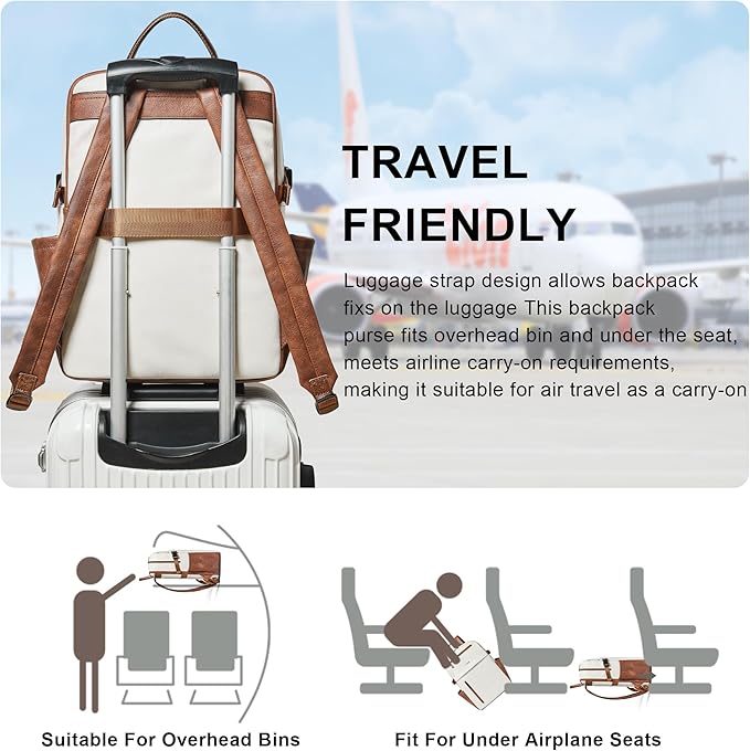 Leather Laptop Backpack for Women, 15.6 Inch Laptop Travel Backpack Purse Large Capacity Computer Bag, Casual Daypack Nurse Bag College Bookbag for School, Beige