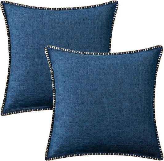 decorUhome Decorative Outdoor Throw Pillow Covers 24x24 Set of 2, Square Linen Rustic Neutral Farmhouse Euro Pillow Covers with Stitched Edge for Couch, Sofa, Living Room, Dark Blue