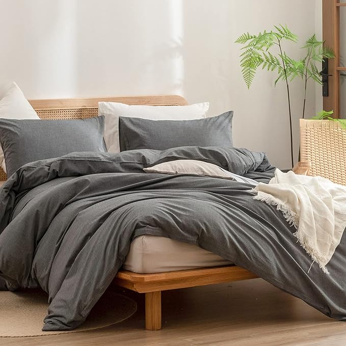 BESTOUCH Duvet Cover Set 100% Washed Cotton Linen Feel Super Soft Comfortable Chic Lightweight 3 PCs Home Bedding Set Solid Dark Grey Super Queen
