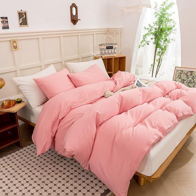 ECOCOTT Pink Duvet Cover Queen Size - Linen Feel Textured Organic Natural 100% Washed Cotton, Soft Breathable 3 Pieces Bedding Set with Zipper Closure