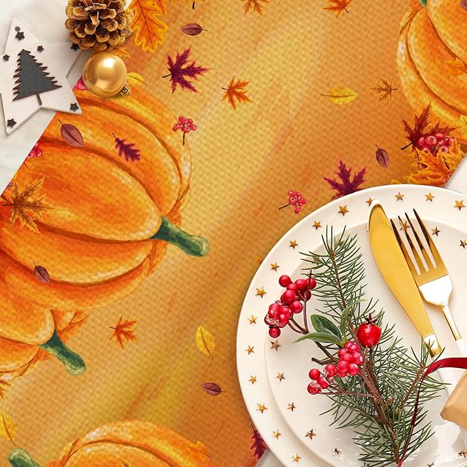 Orange Grey Abstract Art Painting Burlap Table Runner Seasonal Spring Fall Kitchen Dining Linen Table Decoration for Indoor Outdoor Home Party Dinner 13x72 Inch (Thanksgiving Pumpkin)
