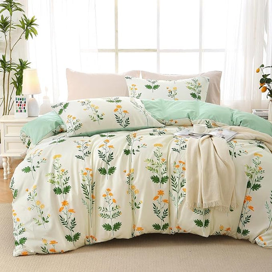 MUXHOMO Duvet Cover King Size, Reversible Floral Vintage Duvet Cover Set with Zipper Closure, 3 Pieces Botanical Patterns Soft Microfiber Bedding Set (90"x104", 2 Pillow Cases)