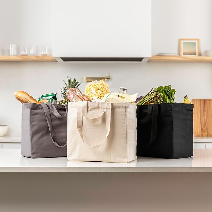 VeraMia Canvas Grocery Bag 3pc XL Set with Real Pockets, Long Shoulder Strap and Short Handle. Heavy Duty, Foldable, Washable