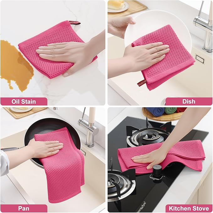 Homaxy 100% Cotton Kitchen Towels and Dishcloths Set, 12 x 12 Inches and 13 x 28 Inches, Set of 12 Bulk Kitchen Towels Set, Ultra Soft Absorbent Dish Cloths for Washing Dishes, Hot Pink