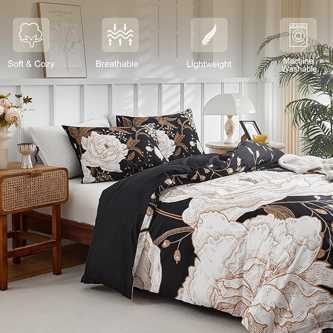mixinni Black Floral Duvet Cover Full Size, 3 Pieces Garden Style Botanical Flowers Leaves Bedding Set, Soft Cotton Reversible Farmhouse Boho Duvet Cover and 2 Pillowcases for All Season-Full Size