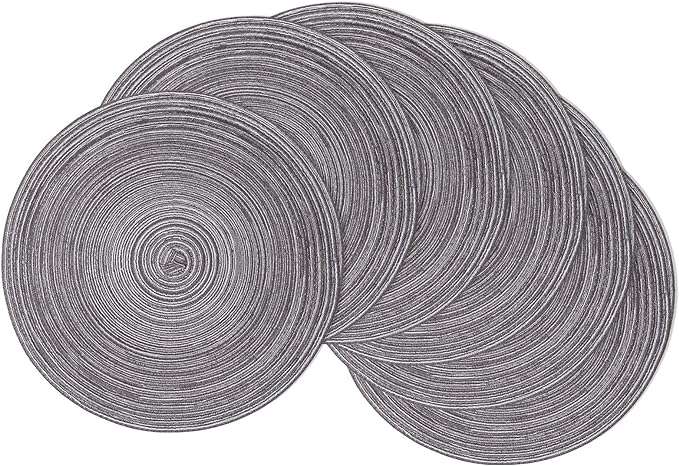 SHACOS Round Braided Placemats Set of 6 Round Table Mats 15 inch Cotton Washable for Holiday Party (Black Grey, 6)
