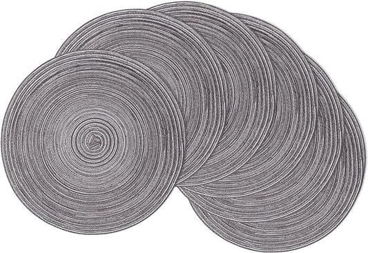 SHACOS Round Braided Placemats Set of 6 Round Table Mats 15 inch Cotton Washable for Holiday Party (Black Grey, 6)