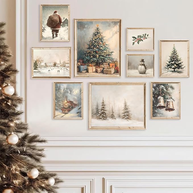 ASTRDECOR Vintage Christmas Wall Art, 9-Piece Winter Holiday Poster Set, Santa, Snowman, Pine Tree Prints for Cozy Xmas Room Décor, Largest 11"x14", Multi Sizes, Christmas Picture Decorations Unframed