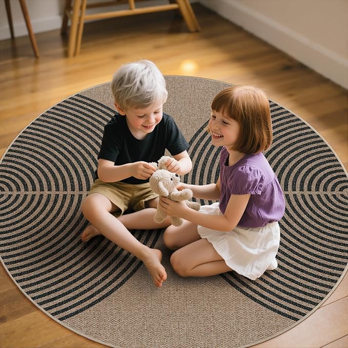 Lahome Modern Rainbow Round Rug, 6ft Easy Jute Circle Patio Rug Washable Indoor Outdoor Living Room Carpet, Farmhouse Natural Contemporary Round Carpet for Entryway Backyard