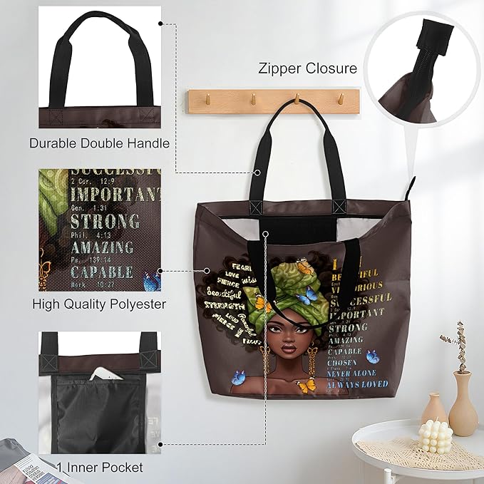 African American Black Women Tote Bag Black Girl Magic Shoulder Handbag For Work Travel Beach Shopping