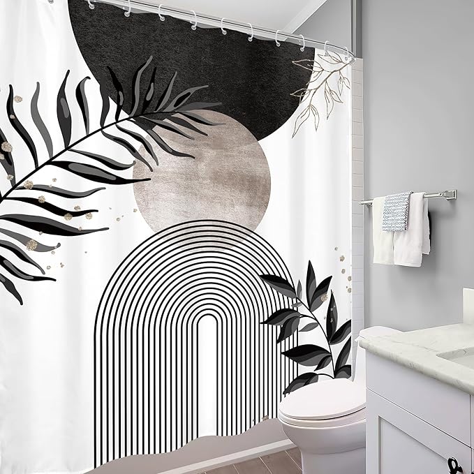 Black Grey Boho Shower Curtain 60Wx72H Bohemian Mid Century Modern Abstract Gray Gold Leaves Plant Minimalist Geometric Bathroom Decor Arch Neutral Bath Curtain Fabric Polyester 12 Pack Hooks