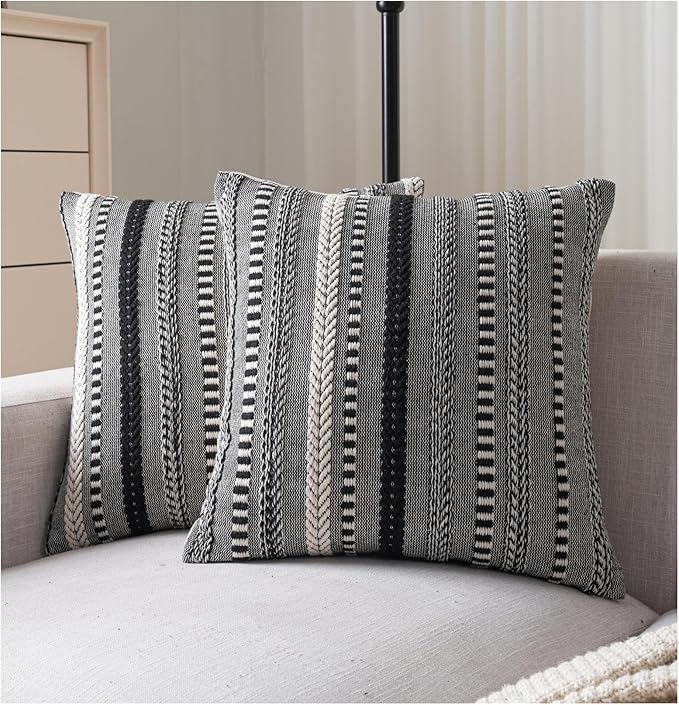 Boho Throw Pillow Covers 18x18 Inch Set of 2, Farmhouse Decorative Couch Pillow Cases, Black Accent Pillows of Bed, Sofa Bedroom Living Room Home Decor Cushion Cover