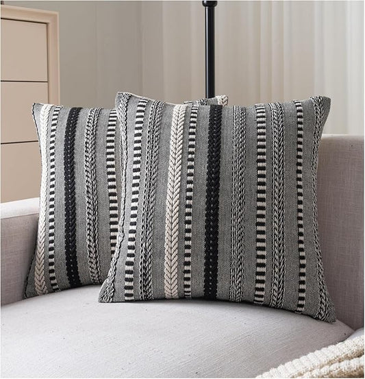 Boho Throw Pillow Covers 18x18 Inch Set of 2, Farmhouse Decorative Couch Pillow Cases, Black Accent Pillows of Bed, Sofa Bedroom Living Room Home Decor Cushion Cover