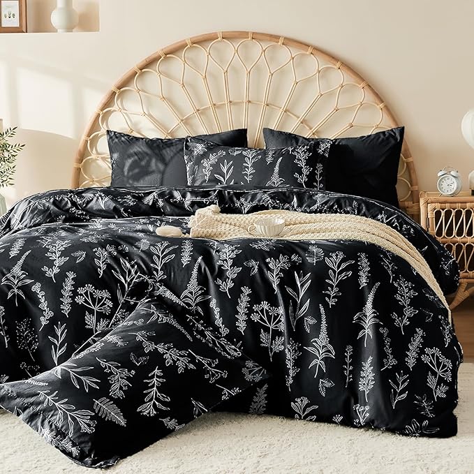 MUXHOMO Duvet Cover King Size, Reversible Floral Black Duvet Cover Set with Zipper Closure, 3 Pieces Botanical Patterns Soft Microfiber Bedding Set (90"x104", 2 Pillow Cases 20"×36")