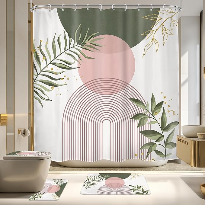4 PCS Pink Sage Green Boho 72Wx72H Shower Curtain Set Modern Mid Century Plant Bath Rug Toilet Lid Cover Nonslip U Shape Mat Quick Dry Rubber Backed Dirt Resistant Accessories Bathroom Decor