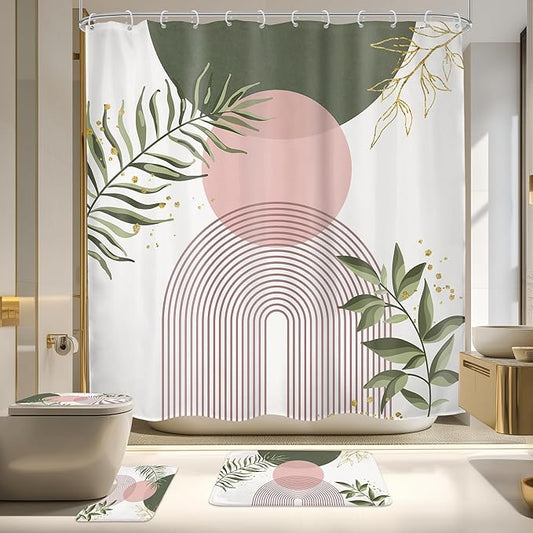 4 PCS Pink Sage Green Boho 72Wx72H Shower Curtain Set Modern Mid Century Plant Bath Rug Toilet Lid Cover Nonslip U Shape Mat Quick Dry Rubber Backed Dirt Resistant Accessories Bathroom Decor